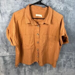 Womens Size 1X Orange Linen Blend Oversized Boxy Shirt Blouse Top  Pockets Boho